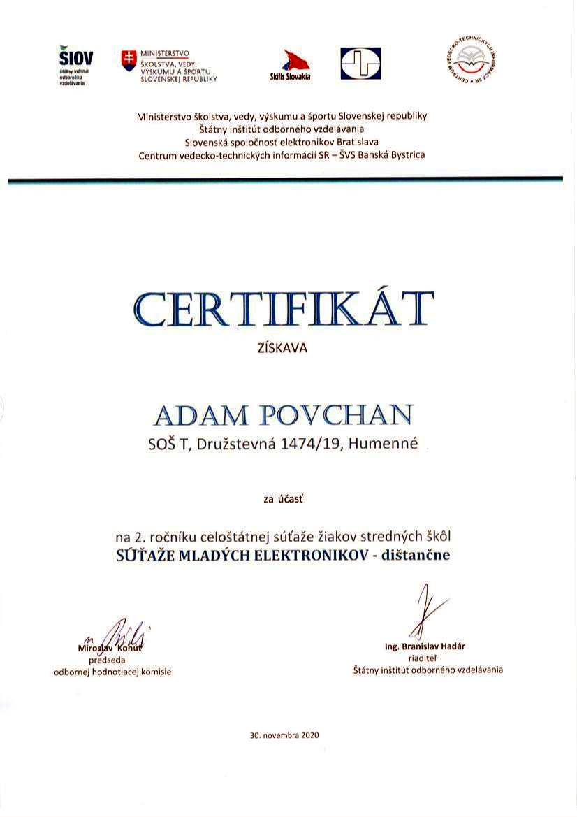 Certifikát diplom Adamovi Povchanovi sutaz elektronikov